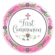 Featuring a cross at the top, a chalice as the bottom and the words "First Communion" in the center they reflect the special occasion being celebrated. Containing 18 plates, your First Communion Party can mingle around the snack table and you can join in the fun too since clean up with the disposable plates is a breeze. Don't forget to stock up on the rest of the blue or pink Communion party supplies with large dinner plates, beverage napkins, and more!

First Communion Paper Plates: 7" diameter; 18 quantity in a package; Royal blue or Pink design