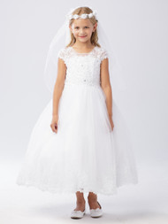 Illusion neckline
Bodice adorn with lace appliques and rhinestones
Lace appliques on hem of skirt
Tulle skirt
Ankle length
