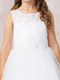 Tank length sleeves
Tutu style skirt
Illusion neckline
Diagonal embroidery with lace accents
Zipper closer in the back
