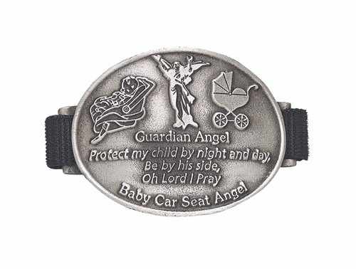 Guardian Angel Lead  Free Baby Car Seat Medal With Prayer. Medal attaches to a stroller, crib, cradle or car seat. Written on medal: "Guardian Angel, Protect my child by night and day,  be by their side, Oh Lord I pray"