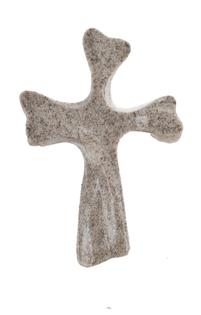 4.25" Comfort Cross. Dimensions: 3" W. x 4 1/4" H. x 3/4" D. Made of a gray polystone.