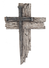 Silver Nail Cross Plaque. Nail Cross is made of polystone and Measures 7"W x 10 1/4"H. 