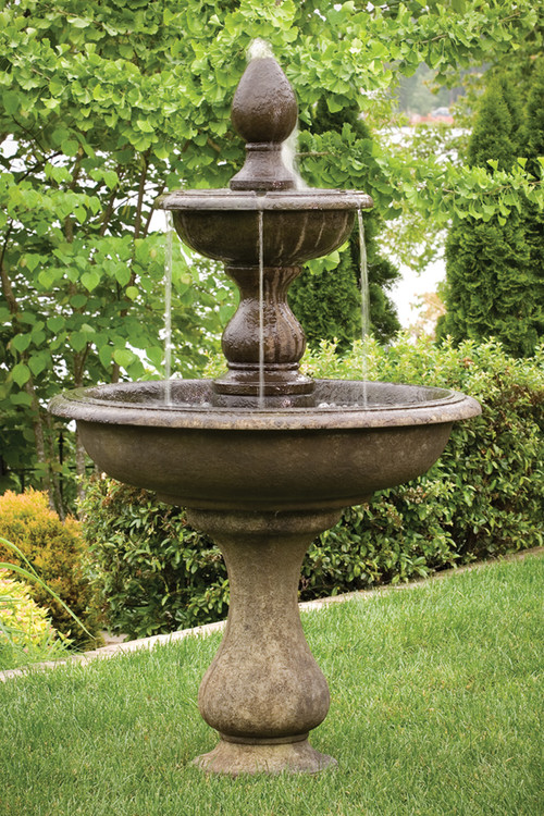 Two tiered 67" Vincenza Fountain.  67" H x 40"W x 14"BD. Shown in Everglade Stone. 