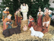 Large Nativity set with the Holy family, the three wise men, the angel, the shepherd, and three animals in some hay. 
Made with fiberglass and resin material
Hand-painted
12-piece set includes the Holy Family, the three wise men, the angel, the shepherd, and three animals.
Great for indoor and outdoor use