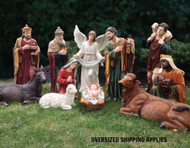 This over sized indoor and outdoor nativity set is the perfect addition to your church's Christmas decorations. The 39" set comes with 12 pieces that are made with a resin and fiberglass mix and hand painted with outdoor paint. Shop this nativity set now.  Extra animals are available 17" duck (53378), 17" rooster (53379), 25" goat (53375), 42" standing camel (53368), 29" elephant (53389), or Seated camel (53318)