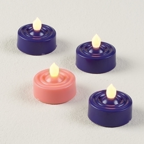 4 Piece Set LED Advent Tea Lights. Purple and Pink,. Made of Plastic. Dimensions: 1.25"H 5.5"W 1.375"D