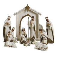 10 Piece Ivory and Gold Nativity. Nativity has the Holy Family, the Three Wisemen, a donkey and an ox. The 12" Nativity is made of a resin/dolomite mix.