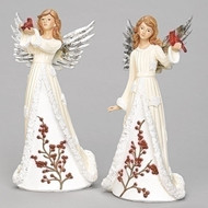 9" Angel Holding Cardinal Figure. Dress is adorned with holly and snowflakes! Dimensions: 9.44"H x 3.54"W x 4.52"L. Material: Resin/stone mix. One angel only!