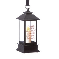 5" LED Battery operated Memorial Lantern. Memorial lantern is black and is made of plastic. Saying on the lantern says: "A candle burns  memory of those who have gone before us."Dimensions are: 2.25" x 2.25"L x 5"H. Batteries are not included. 