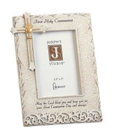 8" Stone Finish Holy Communion Frame adorned with a cross in the upper left hand corner and First Holy Communion written across top of frame. A blessing is also written at the bottom of frame.  Frame measures 8"H  and holds a 3.5" x 5" picture. 