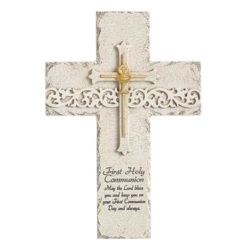 9.25" Stone Finish Holy Communion Wall Cross is adorned with a cross in the center.  A blessing is also written at the bottom of frame.  Cross measures 9.25"H. Made of a resin/stone mix.