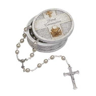 2.5" Stone Finish Holy Communion Keepsake Box. Keepsake box is adorned with a cross at the top and a chalice and wheat symbol on the bottom.  A blessing is also writtenin the middle of the box.  Box measures 2.5"round. Made of a resin/stone mix. ROSARY NOT INCLUDED!