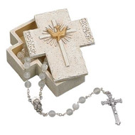 3inH Confirmation Keepsake Box. Made of a resin/stone mix. The top of the box depicts a Cross with Holy Spirit Dove  in the center.  ROSARY IS NOT INLCUDED