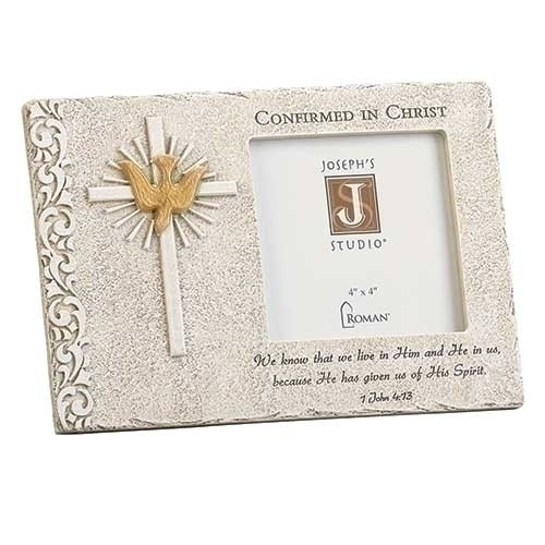 6inH Stone look Confirmation Photo Frame. Made of a resin/stone mix. Confirmed in Christ at the top of the frame with Holy Spirit Dove and Cross to the left of frame. 1 John 4:13 scripture at the bottom of the frame

 