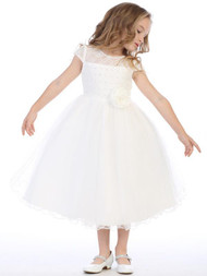 This beautiful Communion dress features details that are simple yet stand out. The bodice of the dress features corded lace with pearls, beads, and sequins, and a flower is added at the waistline. This is a great First Holy Communion dress for your daughter!

Details:

Made with tulle
Corded lace bodice with pearls, beads, and sequins
Off-centered flower on waistline
Tea length
Lace illusion neckline
Cap sleeves
Made in the U.S.
3 Dress Limit per order!