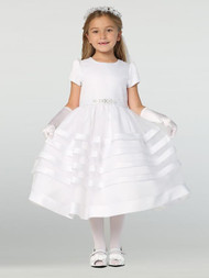 Satin with organza overlay bodice
Organza skirt with satin trim
Beaded belt
Bow in the back at waistline
Cap-length puff sleeves
Tea length
Made in the U.S.
3 dress limit per order!