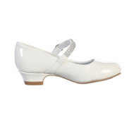 Mia Shoe. A shiny white comfortable shoe with a 1" heel.  Rhinestone studded strap has a hook and loop closure. 