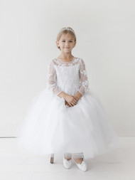 This communion dress has a lovely illusion neckline and long sleeves with lace appliques. The skirt of the dress is tulle.
This ankle length communion dress has a satin bodice attached to a tulle skirt. The buttons down the back of the dress are covered with satin.  Communion Dress has a Rhinestone Beaded Sash.
3 Dress Limit per Order!