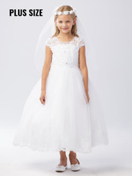This communion dress has a lovely illusion neckline. The bodice of this dress is adorned with lace applique and rhinestones. The tulle skirt also has a lace applique hem.
3 Dress Limit per Order!