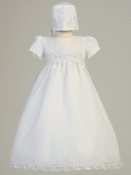 Audrey ~  White Sequin Trim Organza Gown with corded trims and sequins. Bonnet is included. Made In USA