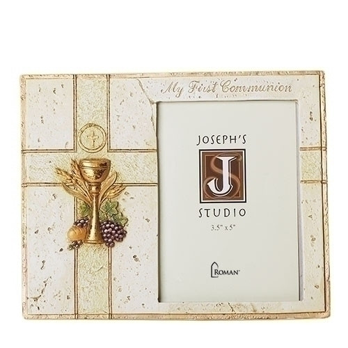 My First Holy Communion Picture Frame. My First Holy Communion picture frame is made of a resin/stone blend. The picture frame measures 7.5"H x 7.38"W x 0.5"D. Gift Boxed. Matching wall cross and keepsake rosary box are also available