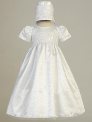 Ruby ~ Diamond mesh gown with embroidered lace trim.  Bonnet inlcuded. Made In USA