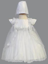 Christening gown has a satin bodice with a sparkled tulle skirt, silver corded trim. Gown comes with a cape and bonnet. Sizes:  XS(3-6m), S(6-12m), M(9-12m), L(12-18m) & XL(18-24m).  Made in USA. 