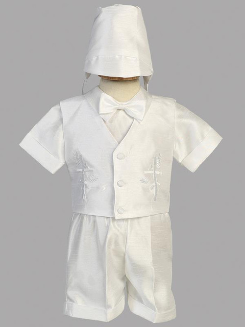 Shantung christening outfit with embroidered cross on vest and short. Hat included. Sizes XS  (3-6 mos), S (6-9 mos), M 9-12 mos), L (12-18 mos), XL (18-24 mos), 2T,  3T & 4T