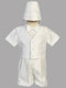 Shantung christening outfit with embroidered cross on vest and short. Hat included. Sizes XS  (3-6 mos), S (6-9 mos), M 9-12 mos), L (12-18 mos), XL (18-24 mos), 2T,  3T & 4T