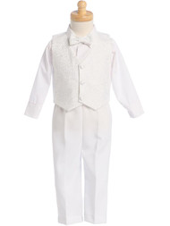 Boys Jacquard Vest and Pant Christening Set.   Instantly turns any child into a handsome young prince!  Sizes : 0-3m, 3-6m, 6-12m, 12-18m & 18-24m, 2T, 3T, & 4T.  Made in USA.