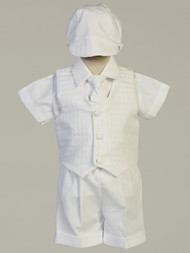 Polyester Plaid Vest and Cotton Shorts Christening Set.  Sizes : 0-3m, 3-6m, 6-12m, 12-18m & 18-24m, 2T, 3T, & 4T.  Made in USA.