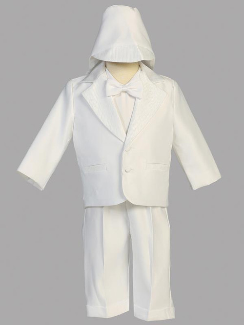 Boys Satin Tuxedo Christening Outfit. Satin tuxedo style christening outfit comes with bow tie and hat. Sizes XS  (3-6 mos), S (6-9 mos), M 9-12 mos), L (12-18 mos), XL (18-24 mos)