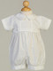 Dominic ~ Boys White Detachable Gown Cotton Romper Christening Set. Romper has an embroiderd cross on the front. Sizes : 0-3m, 3-6m, 6-12m, 12-18 months. Made in USA