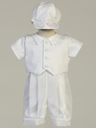 Diamond jacquard vest and shantung romper christening cet. Hat included.  Sizes: 0-3, 3-6m, 6-12m, 12-18m. Made in the USA