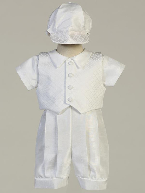 Diamond jacquard vest and shantung romper christening cet. Hat included.  Sizes: 0-3, 3-6m, 6-12m, 12-18m. Made in the USA