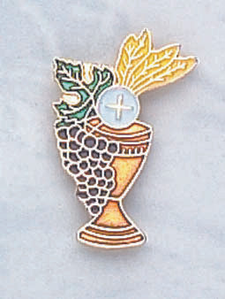 Gold-plated Chalice w/Enameled Wheat & Grapes. 3/4"W x 1 1/8"H. Individually Carded