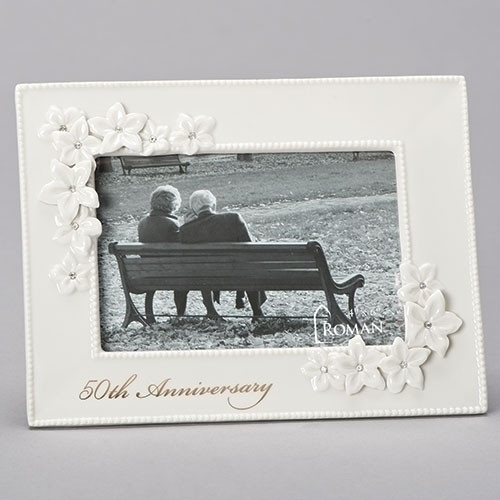 50th Wedding Anniversary "Love in Bloom"  Porcelain 5X7 Photo Frame.  This 50th anniversary Photo Frame holds a 4" x 6" photo.  Dimensions of the 50th Wedding Anniversary Frame are 8.5"W 6.5"H 0.75"D