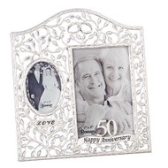 9.25"H 50th Wedding Anniversary "Clear Leaves" Picture Frame.  Holds a 4x6" and a 2x3" photo. Made of zinc alloy and is lead free. 