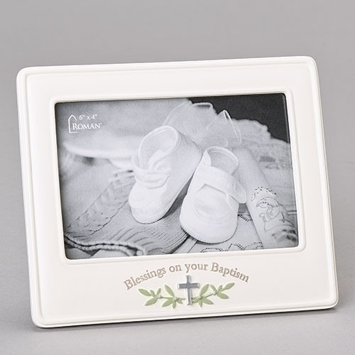Blessings on Your Baptism 6"H Picture Frame! This blessings picture frame measures 6" in height. The blessings baptism frame holds a 4"X 6" picture. The picture frame is made of a resin/stone mix.  "Blessings on your Baptism"  is written across the bottom of the frame. 