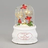 Musical Led Dome with Cardinals.  The tune played on the piece is "We wish you a Merry Christmas plays" This LED Musical  Dome with Cardinals in Trees Ornament  is made of glass. The words " Cardinals appear when Guardian Angels are near" appears on the base. Glass Dome is bullet shaped. Dimensions are: 6.3"H 4.25"W 4.25"D