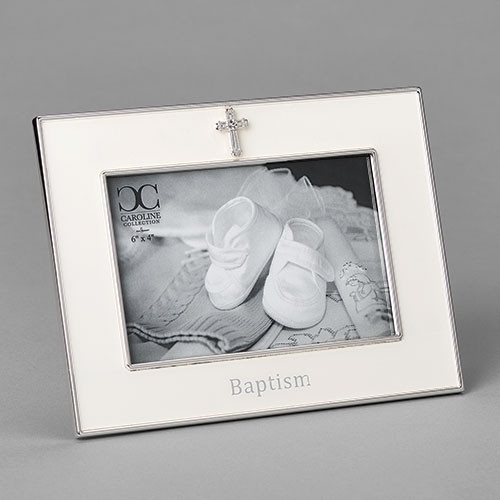 Baptismal Frame with Cross.  Baptismal Frame is made of a zinc alloy and is lead free.  The Baptism Frame with Cross is 6"H. There is a cross at the top and the word Baptism across the bottom. The baptism frame holds a 4"x 6" photo