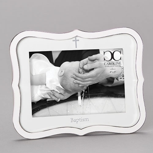 White Baptismal Frame with Cross.  Baptismal Frame is made of a zinc alloy and is lead free.  The Baptism Frame with Cross is 8.25"H. There is a cross at the top and the word Baptism across the bottom. The baptism frame holds a 4"x 6" photo