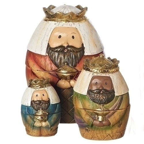 9 Piece set of 6" Nativity Nesting Box. Holy Family, the Three Kings and the Shepherd and Sheep. Dimensions: 5.71"H x 3.74"W x 4.13"L Materials: Resin/Dolomite