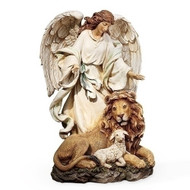 Angel with Lion and the Lamb Figure. This beautiful Angel watching over the Lion and Lamb. In Christianity the lion stands for Christ resurrected, the lamb for Christ's sacrifice. This figures measurements are 9.25"H x 5.75"W and 5.5"D. The figure is made of a resin/stone mix. 