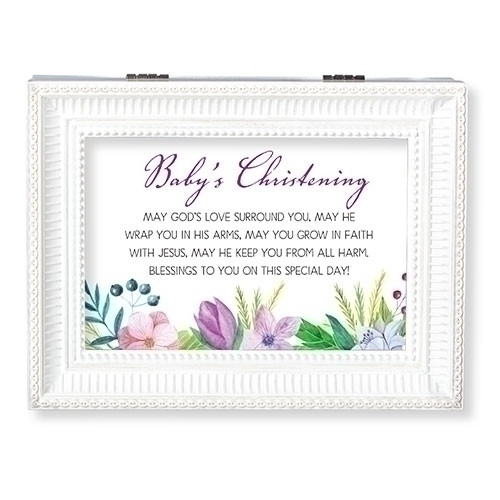 Baby's White Christening Music Box.  The lid has the words "May God's love surround you, May He wrap you in His arms, May you grow in faith with Jesus, May he keep you from all harm. Blessing to you on this Special Day."  Music Box plays "Amazing Grace." Measurement: 8"L X 6.125"W X 2.75"H. Made of Plastic and Metal