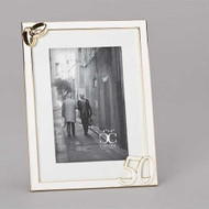 8"H" 50th Wedding Anniversary Photo Frame. 50th Wedding Anniversary Photo Frame stands 8"H and holds a 4" x 6" photo. Two intertwined gold wedding bands are on the photo top left of the 50th Wedding Anniversary Photo Frame.frame with the number 50 on the bottom right of frame.  Frame is made of a lead free zinc alloy.

 
