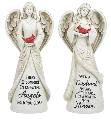 Memorial Angel Holding a Cardinal Statue. Memorial Angel Statues are made of a resin/stone mix. Memorial Angel Holding Cardinal Bird measures: 3" D. x 4 1/2" L. x 10 3/4" H. Choose a saying: "There is comfort in knowing Angels hold you close" or "When a Cardinal appears in your yard, It is a visitor from Heaven".  Please make selection when checking out.