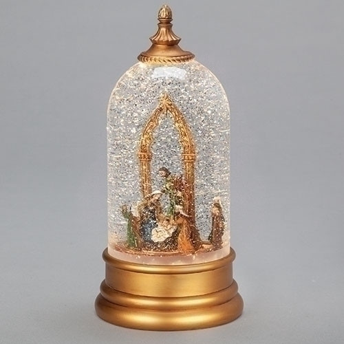 Gold Nativity cloche with glitter, Holy family, and three kings. 