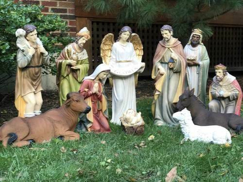 Made of fiberglass-resin construction
Hand painted
Average height is 27”
12-piece set includes the Holy family, a crib, three wise men, shepherd, angel, donkey, cow, and a sheep
Durable but stable of cover is recommended for outdoor use