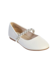 White Communion Leatherette Flats with Rhinestone and Pearl Strap
